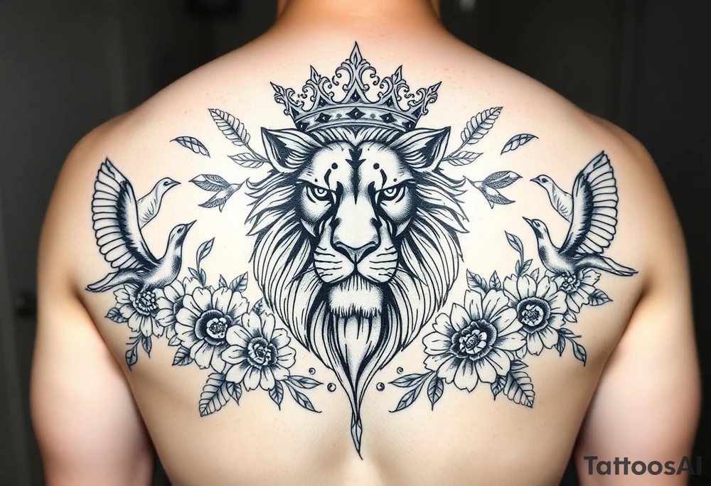 powerful majestic lion with a crown, surrounded by floral ornaments and birds tattoo idea