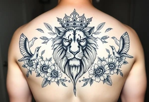 powerful majestic lion with a crown, surrounded by floral ornaments and birds tattoo idea