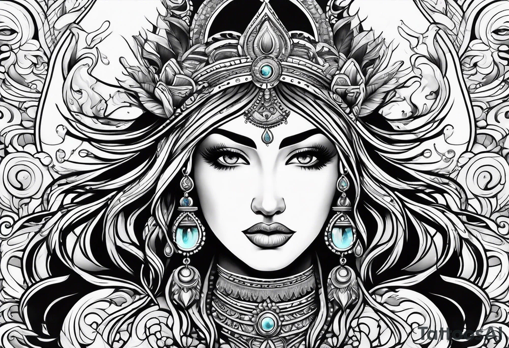 Aquarius goddess with water surrounding it in a tribal design tattoo idea