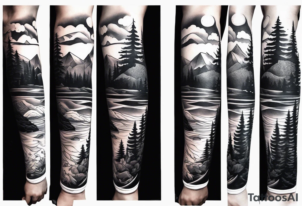 Mountain ocean forest leg sleeve tattoo idea