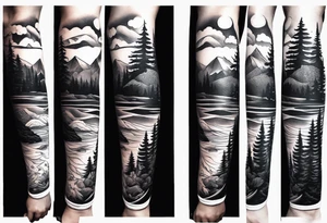 Mountain ocean forest leg sleeve tattoo idea