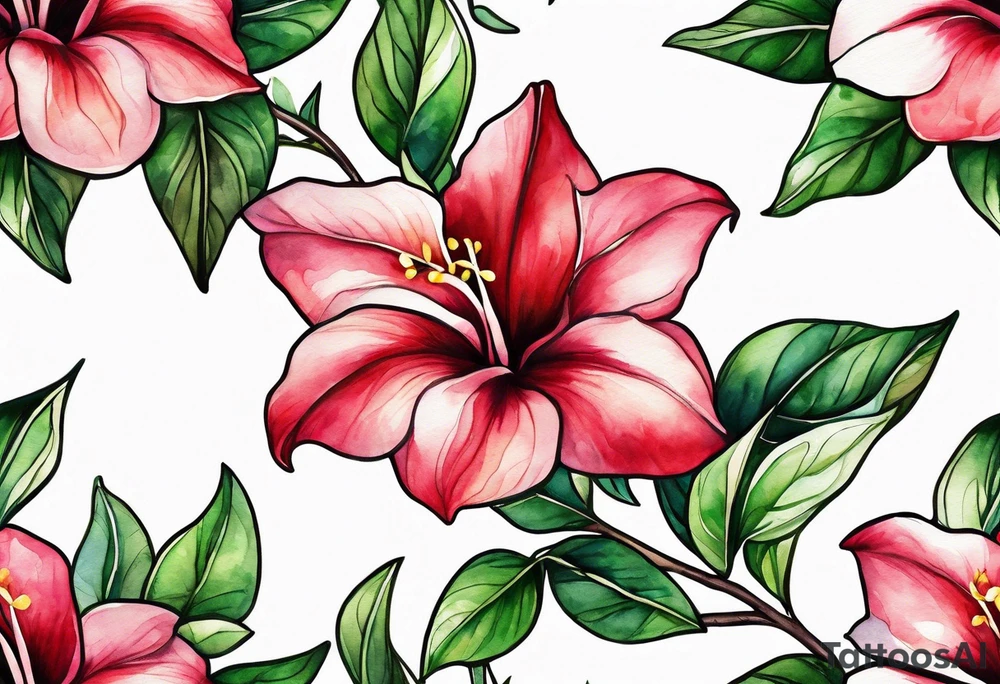 white background, abstract mandevilla flowers on a vine, part of it watercolor, part of it just line work tattoo idea