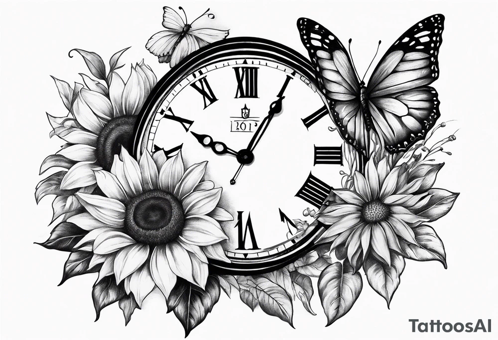 Sleeve with clock, sunflower and butterfly tattoo idea
