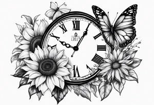 Sleeve with clock, sunflower and butterfly tattoo idea