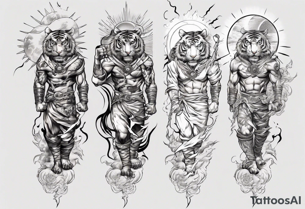 tiger warrior with lightning and the sun for a forearm sleeve tattoo idea