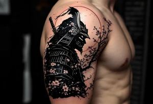 noble samurai warrior silhouette at sunset with cherry blossoms tattoo idea