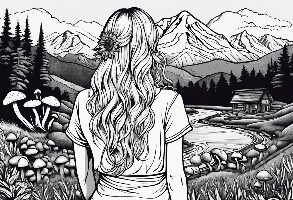 Straight long blonde hair hippie girl in distance holding mushrooms in hand facing away toward mountains and creek surrounded by mushrooms tee shirt and hiking pants tattoo idea