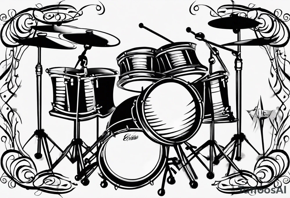 Stylized drums with sticks crossing over them, and a burst effect in the background to represent the energy of playing. tattoo idea