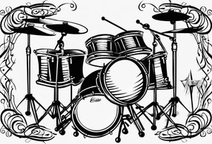 Stylized drums with sticks crossing over them, and a burst effect in the background to represent the energy of playing. tattoo idea