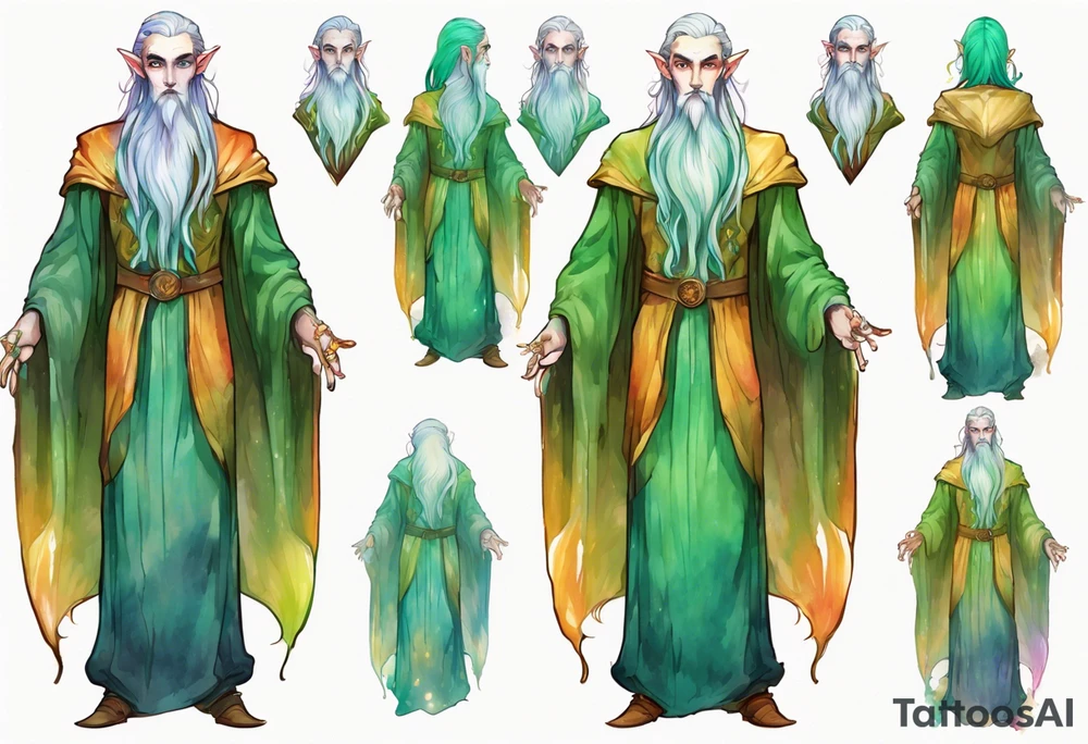 A tall, slender, beautiful elf male with green skin, He is tall and slender, with pale green skin, long rainbow hair, and a gold and green beard. Amber colored eyes. Wearing a teal monastic robe. tattoo idea