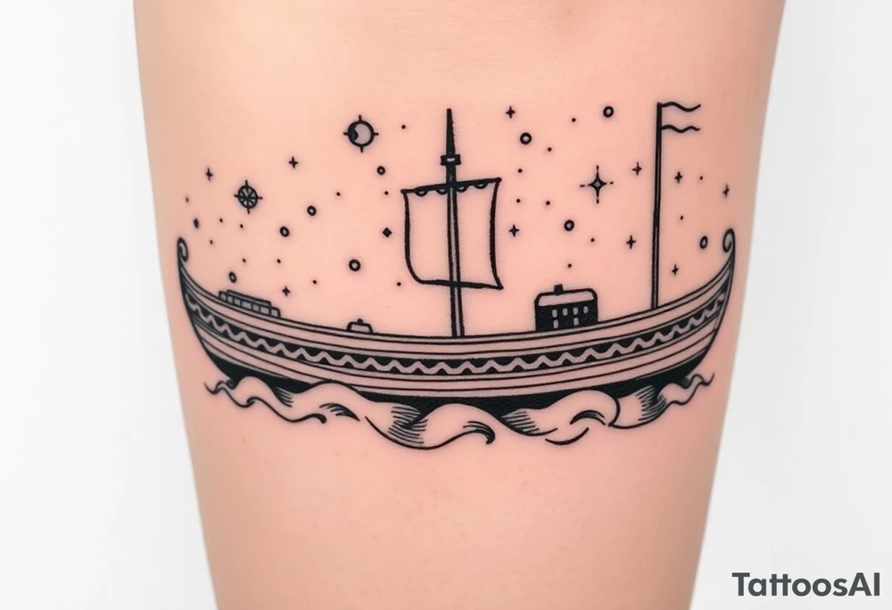 Nordic boat with cosmic sky and celestial details tattoo idea