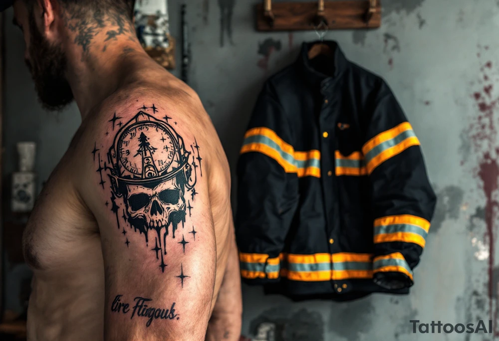 A firefighter’s turnout gear hanging on a wall, with realistic fabric textures in dark navy, contrasted by bright reflective stripes. tattoo idea