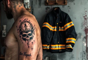 A firefighter’s turnout gear hanging on a wall, with realistic fabric textures in dark navy, contrasted by bright reflective stripes. tattoo idea