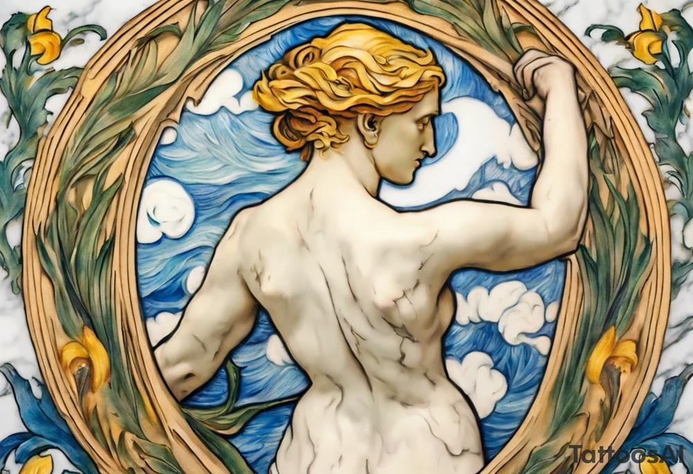 Create a colorful Vincent van Gogh Irises tattoo with an ancient Greek female statue in the middle in white marble. The tattoo should take the form of a crescent, with vines gracefully intertwining at a central point in the middle of the wreath.  The intended placement is on the upper chest. The overall design should be small in size while maintaining a delicate and artistic aesthetic. Pay attention to the graceful flow of the vines and the placement of the irises to achieve a refined and elegant look. tattoo idea