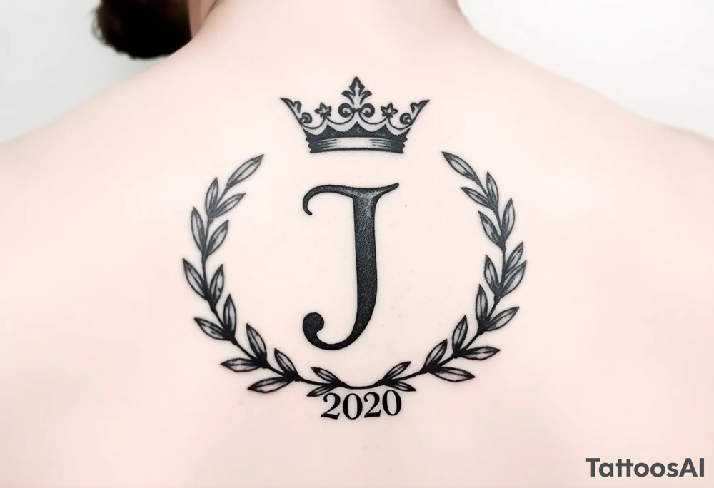 I would like to have an example for a tattoo. In which the initial J is central with a laurel wreath from bottom to top and a crown on top. Furthermore, please include a birth year 2020 or his birth date in Roman tattoo idea