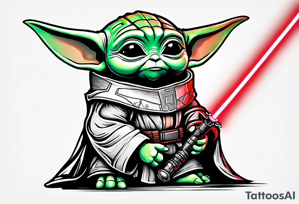 Baby yoda with red lightsaber wearing mandalorian armor tattoo idea