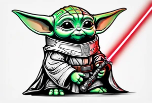 Baby yoda with red lightsaber wearing mandalorian armor tattoo idea