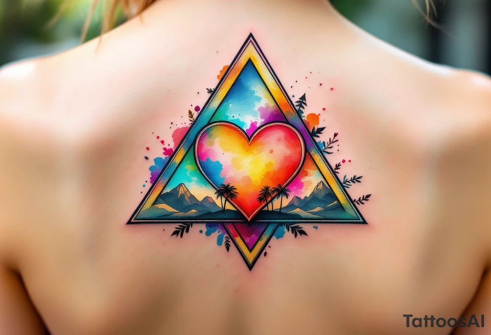 A triangle with a big heart in the center with a world travel theme tattoo idea