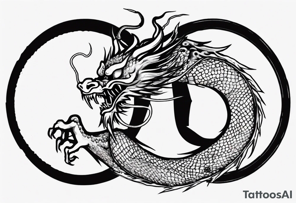Chinese dragon in a circular shape with "02.03" written on its skin tattoo idea