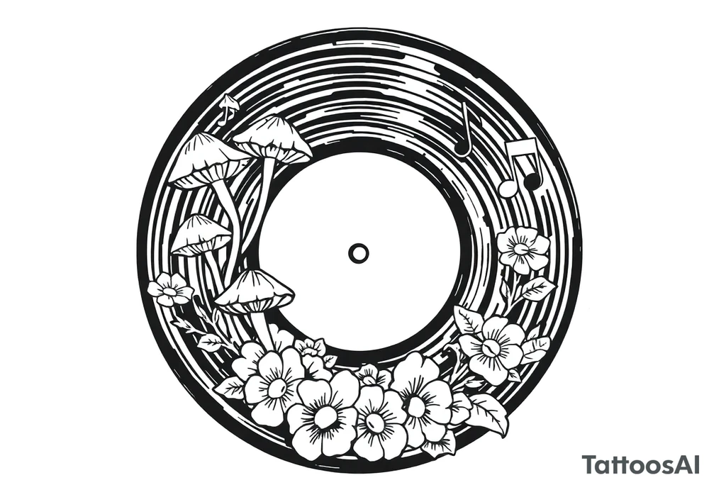 vinyl record with mushrooms, flowers, and music notes tattoo idea