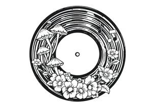 vinyl record with mushrooms, flowers, and music notes tattoo idea