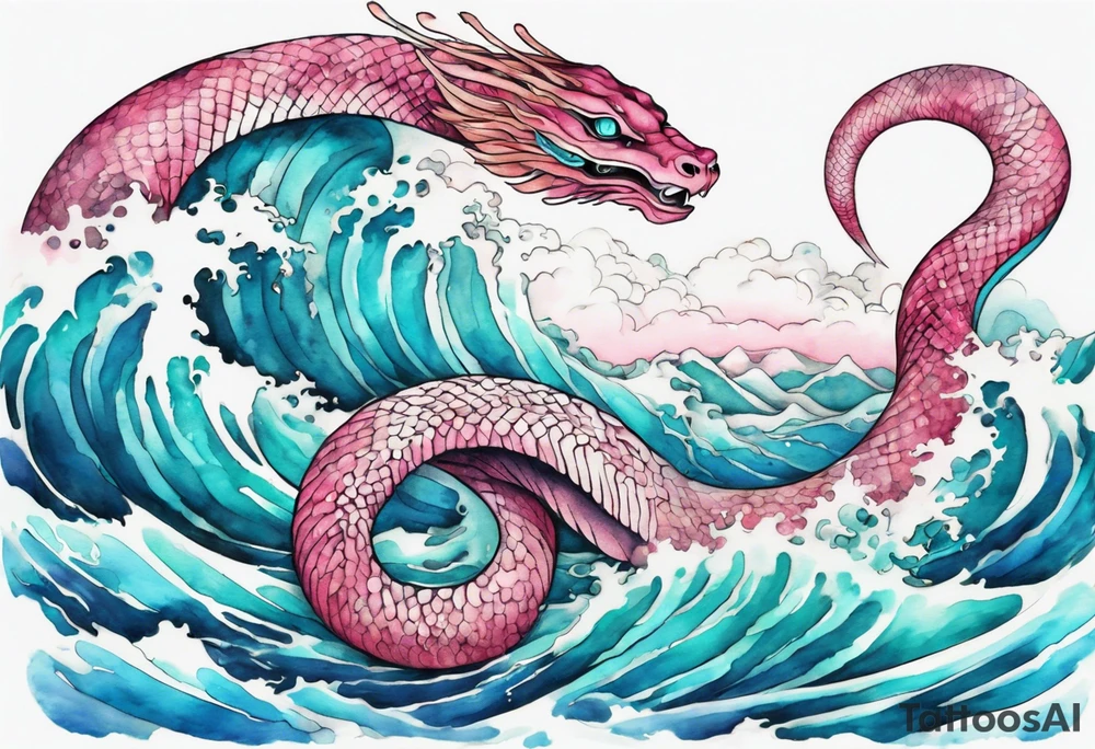 a beautiful turquoise pink and white serpent rising from the blue waves of the ocean tattoo idea