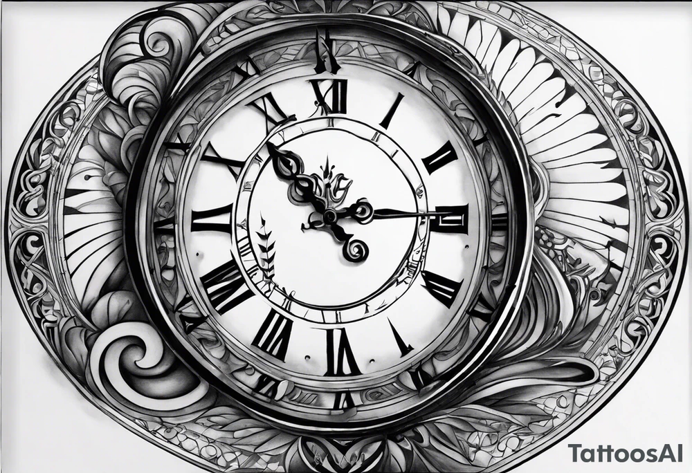 Draw me a tattoo located on the shoulder and upper arm of a man. The tattoo represents a clock with an  hourglassthere are Roman numerals in the background. It is a symbol of the passing of time. tattoo idea
