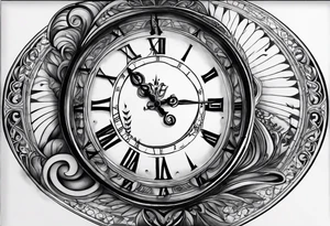 Draw me a tattoo located on the shoulder and upper arm of a man. The tattoo represents a clock with an  hourglassthere are Roman numerals in the background. It is a symbol of the passing of time. tattoo idea