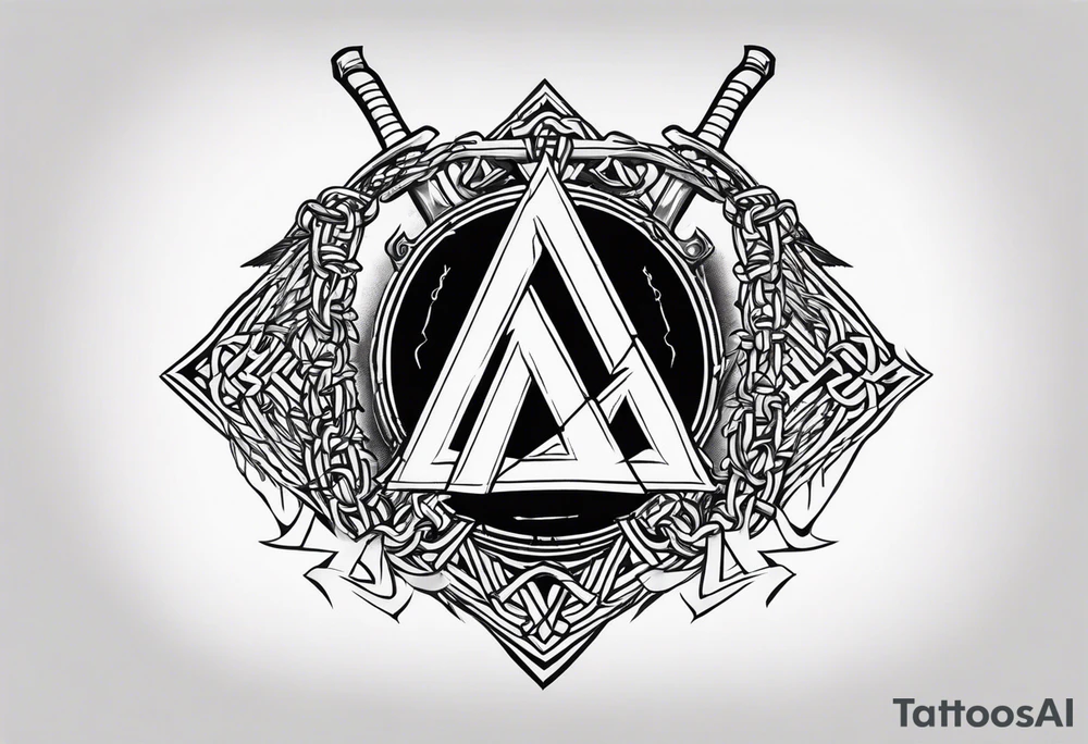Valhalla sword shield axe barbed wire chains valknut fire tattoo idea Valhalla sword shield axe barbed wire chains valknut fire tattoo idea