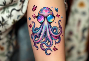 cute octopus, wearing glasses, friendly, surrounded by butterflies and oceanic items, trippy, acid tattoo idea