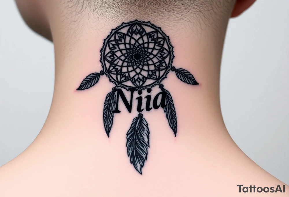 Name Nia in a dreamcatcher feathers tattoo idea