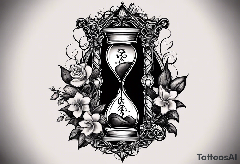 Hourglass with vines and flowers in the top bulb that are trickling like sand into the lower bulb containing a skull semi-submerged in the sand. The words “Memento Mori” are written on the hourglass tattoo idea