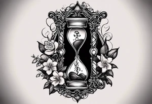 Hourglass with vines and flowers in the top bulb that are trickling like sand into the lower bulb containing a skull semi-submerged in the sand. The words “Memento Mori” are written on the hourglass tattoo idea