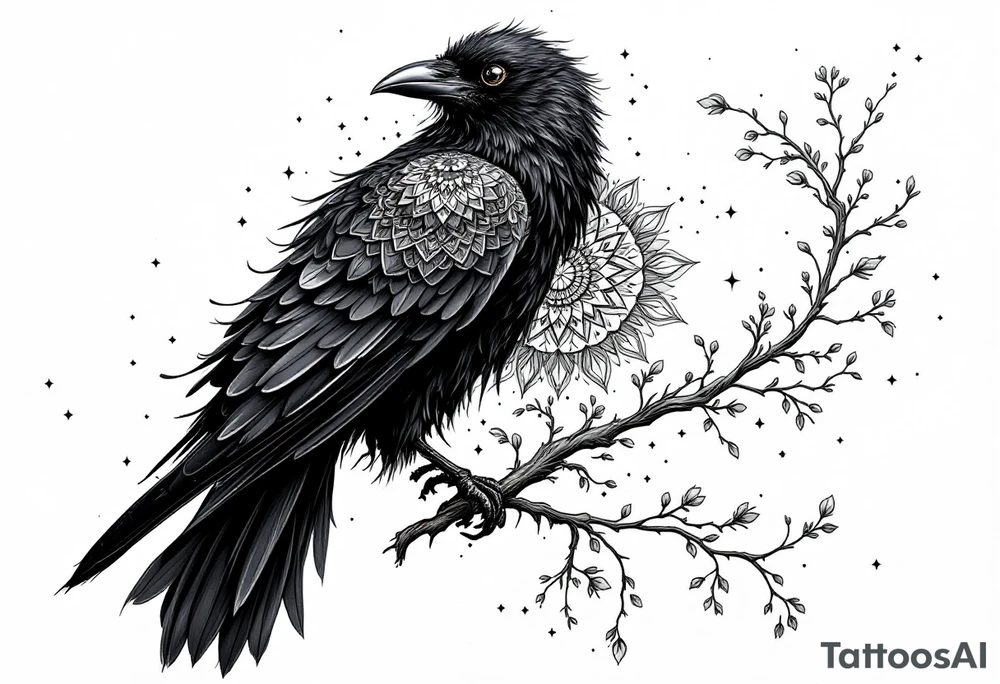Black Raven on a branch looking over its shoulder with mandala tattoo idea