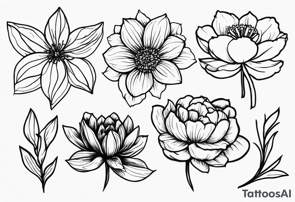 January birth flower, May birth flower, June birth flower x 2, July birth flower, August birth flower, September birth flower, October birth flower, December birth flower with some leaves starting on top frontal thigh ended at ankle / calf tattoo idea