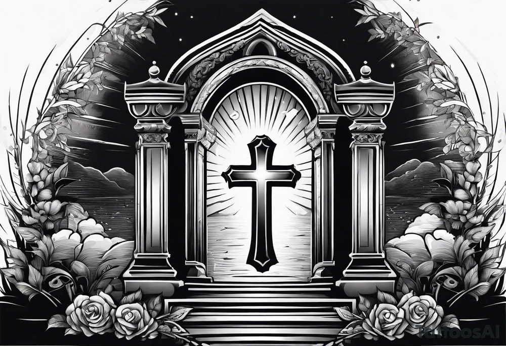 Tomb with cross and sun in the background tattoo idea