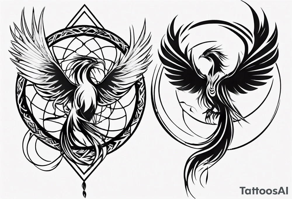 Vertical open mouthed flying Phoenix in circle with long abstract dream catcher feather tail tattoo idea