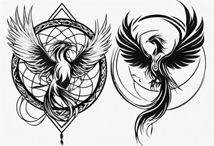 Vertical open mouthed flying Phoenix in circle with long abstract dream catcher feather tail tattoo idea
