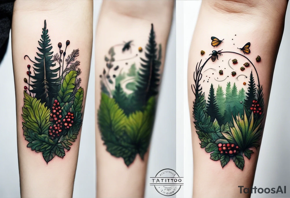 forest floor inspired minimalist tattoo, which includes grass, curly ferns, moss and dead leaves as the bulk of the tattoo. details to include: forest berries, a tiny bumblebee flying nearby, three small brown mushrooms
Generate a vertically long one tattoo idea