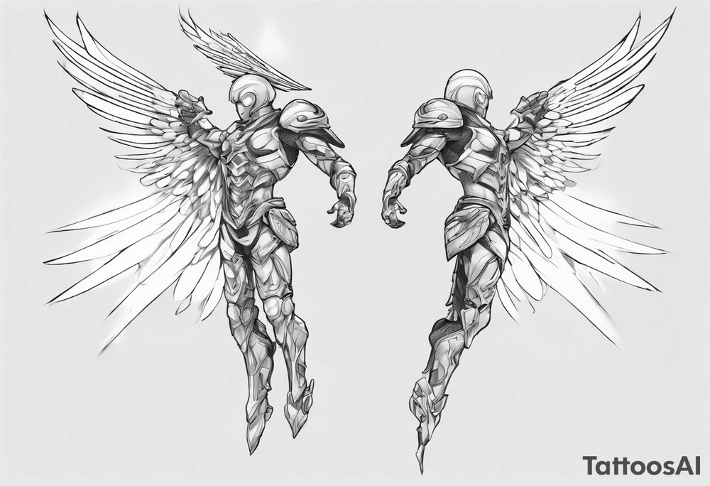 Side view of a lite angel wearing inorganic armor that is in mid-air ready to attack tattoo idea