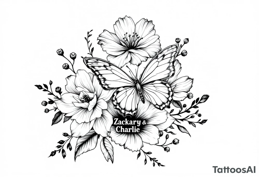 flowers, butterfly with name Zackary and Charlie tattoo idea