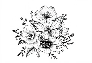 flowers, butterfly with name Zackary and Charlie tattoo idea