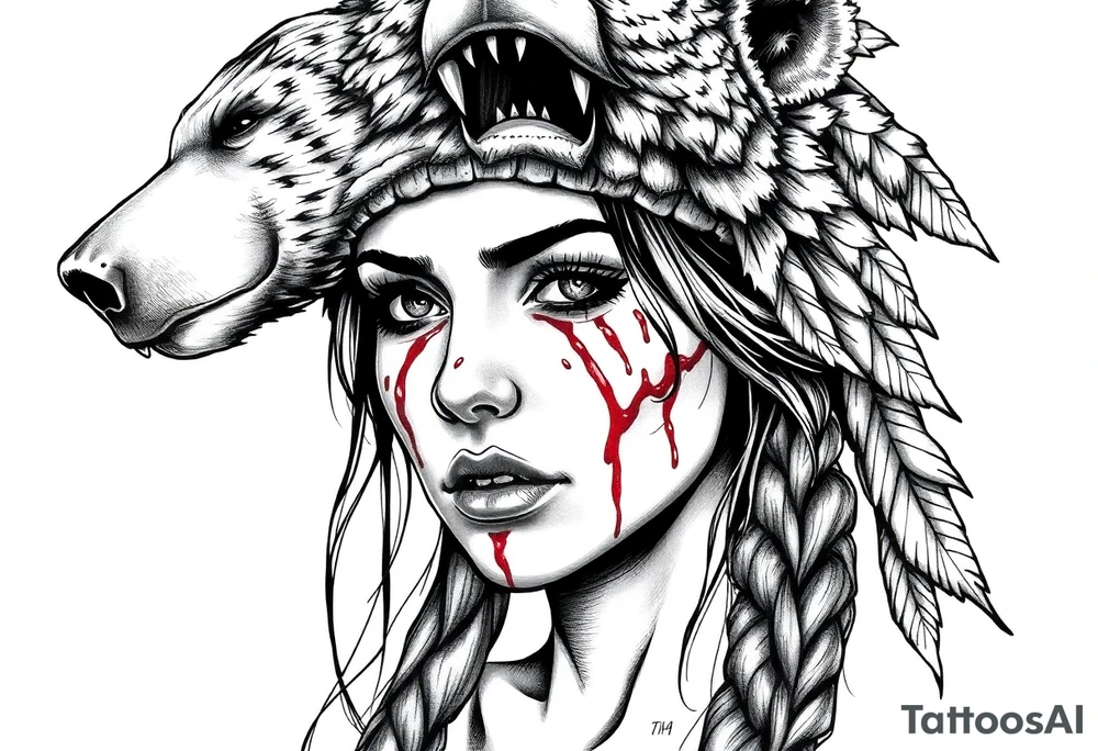 Beautiful Woman with battle scars and blood on face wearing dead bear headdress on head tattoo idea