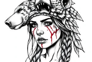 Beautiful Woman with battle scars and blood on face wearing dead bear headdress on head tattoo idea