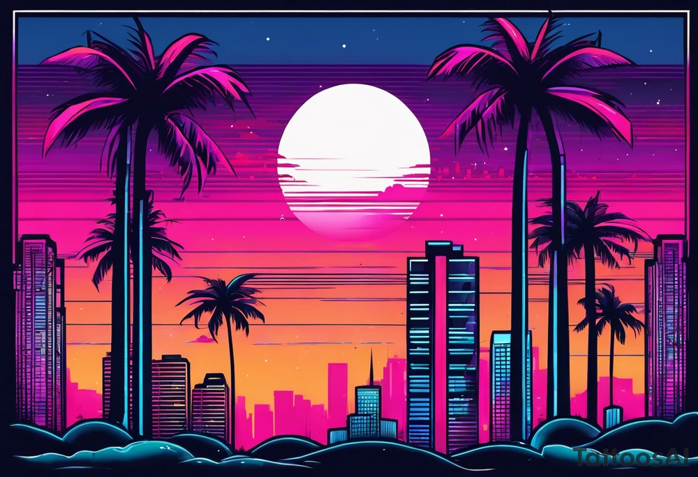 synthwave tattoo with palm trees and skyscrapers tattoo idea