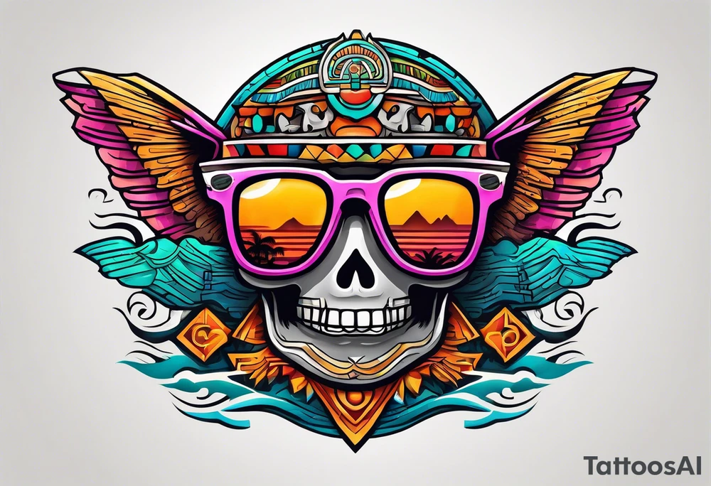Colorful Mayan hieroglyph with sunglasses reflecting Chichen itza with bats and waves tattoo idea