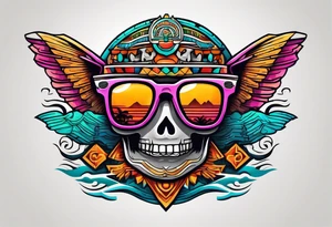 Colorful Mayan hieroglyph with sunglasses reflecting Chichen itza with bats and waves tattoo idea