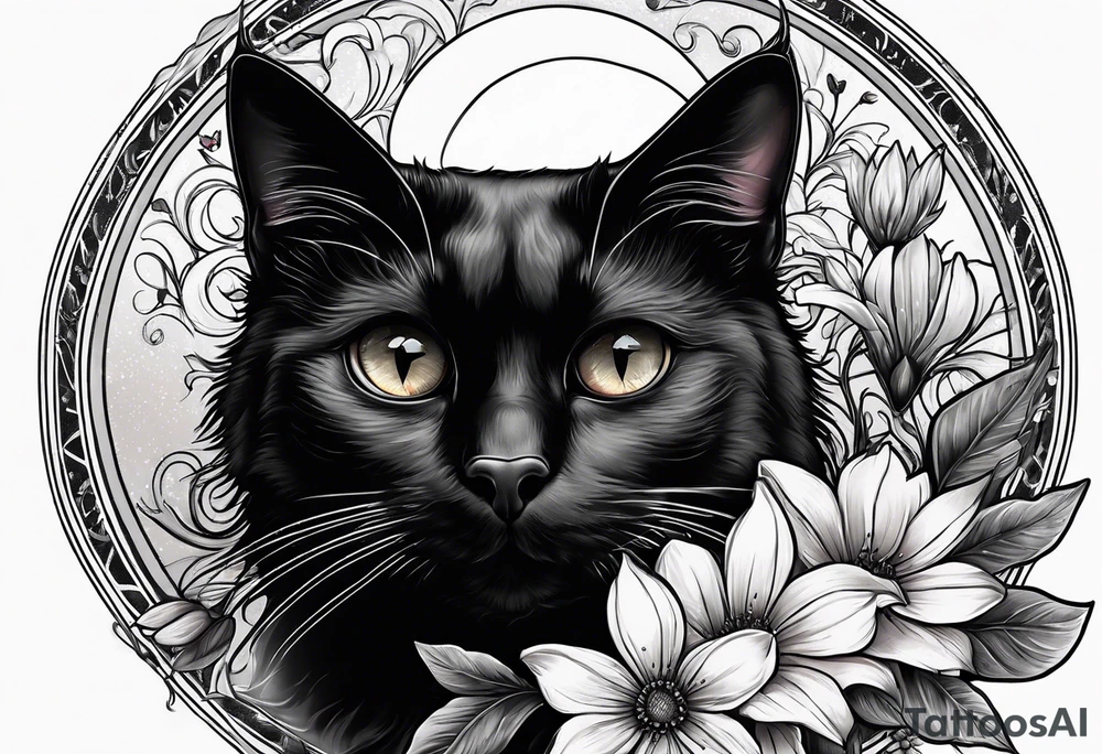 Photo realistic black cat with moon and flowers tattoo idea