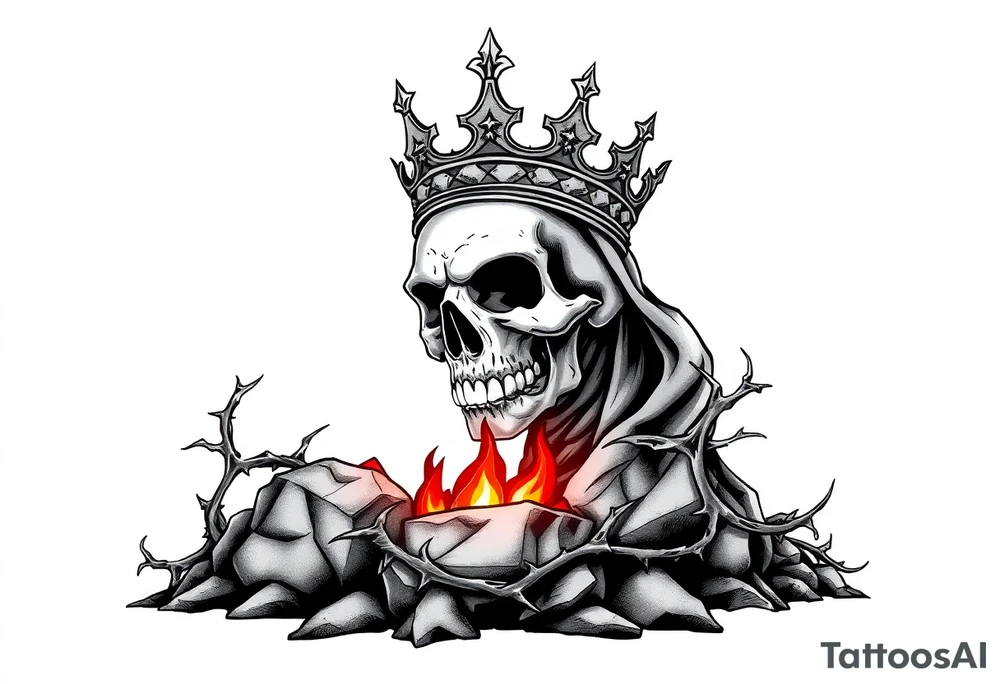 A crowned skull or warrior rising from a stone barrow, cloaked in shadows and thorns. tattoo idea