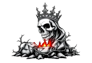 A crowned skull or warrior rising from a stone barrow, cloaked in shadows and thorns. tattoo idea